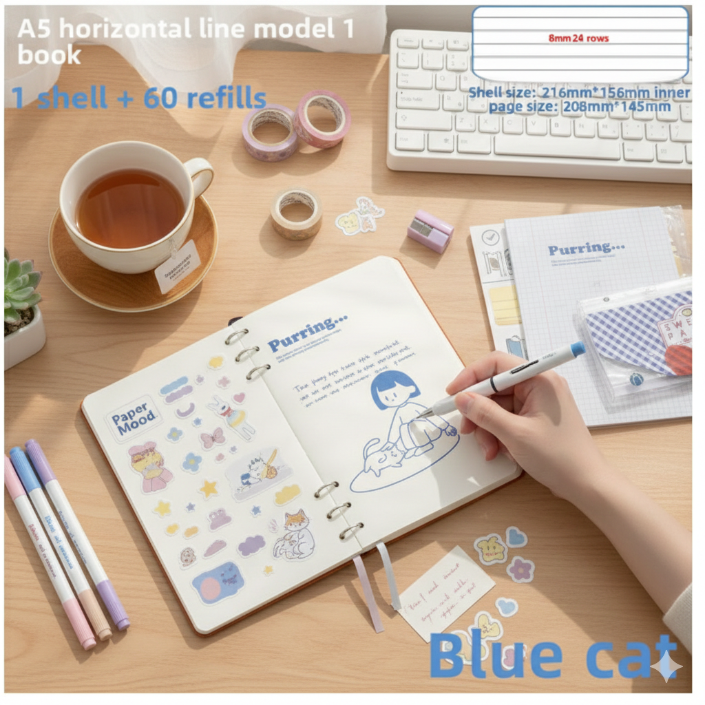 Carnet à Anneaux "Blue Cat" – Votre Compagnon d'Inspiration Rechargeable