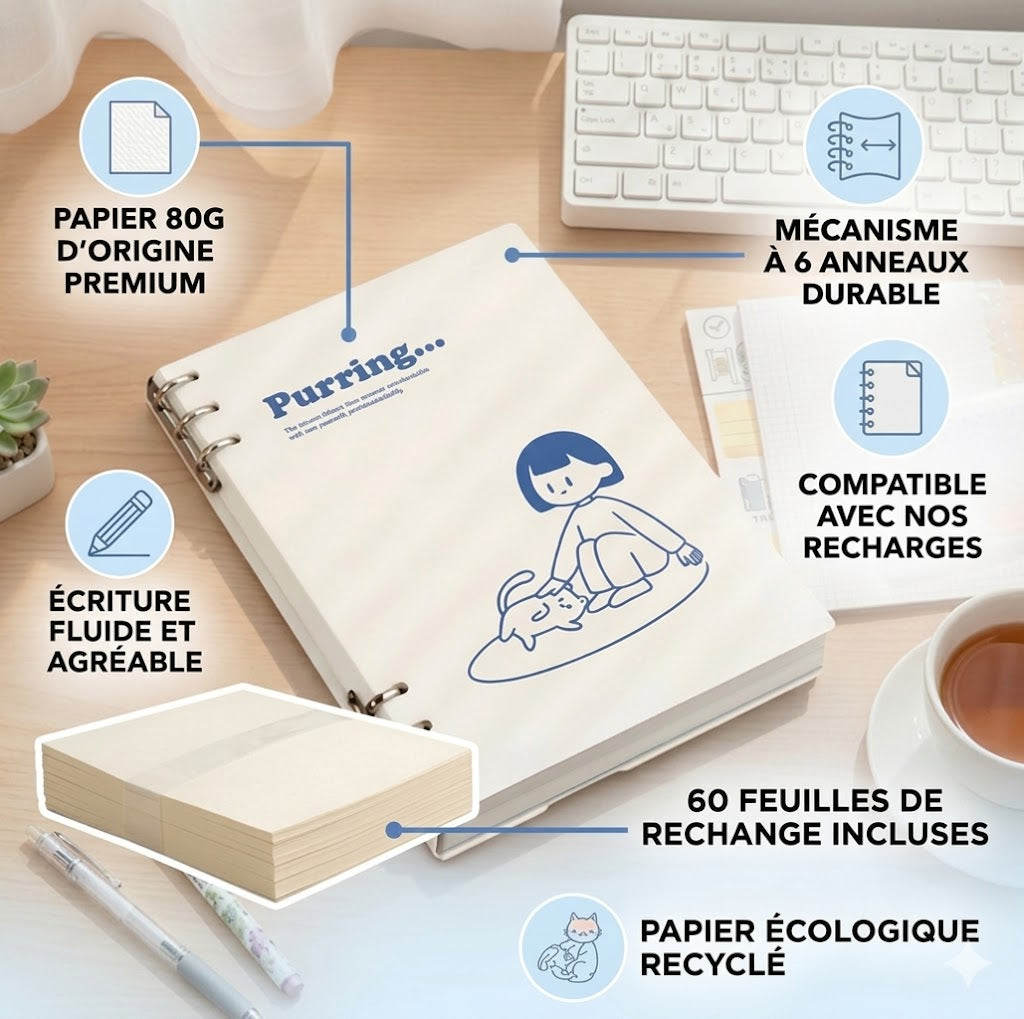 Carnet à Anneaux "Blue Cat" – Votre Compagnon d'Inspiration Rechargeable